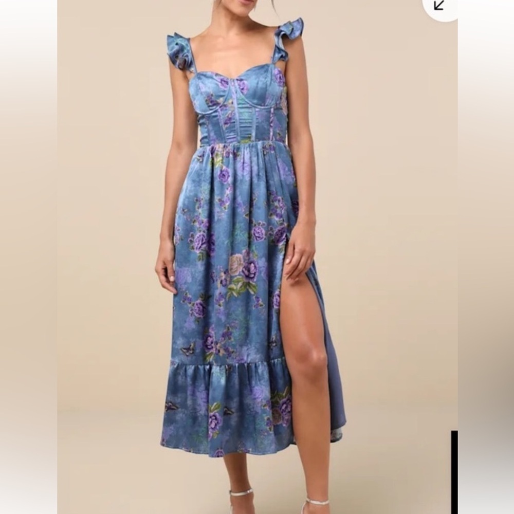 Lulus Sweet like Sangria Blue Floral Bustier Midi Dress Size Small NWT